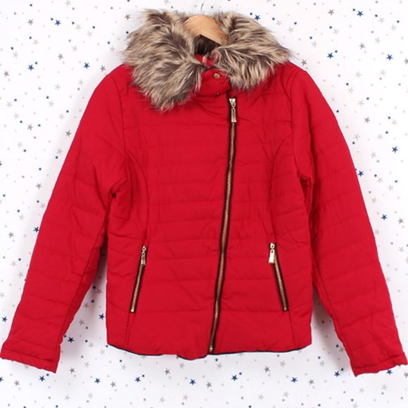 Removable Faux Fur Collar Puffer Jacket Red - Picture 8 of 8